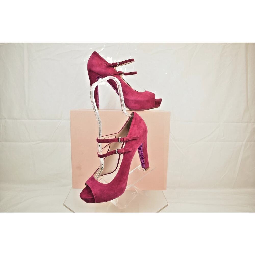 NIB MIU MIU PRADA 5KP238 BURGUNDY SUEDE PEEP GLITTER SOLE STRAPPY PUMPS 41 ITALY